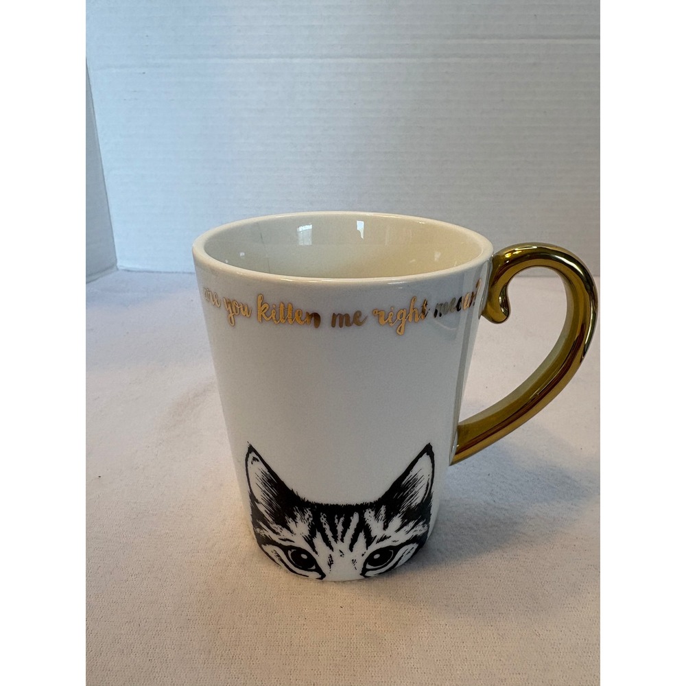 Tri-Coastal Dx Cat Mug "Are You Kitten Me Right Meow" Gold Handle White Ceramic